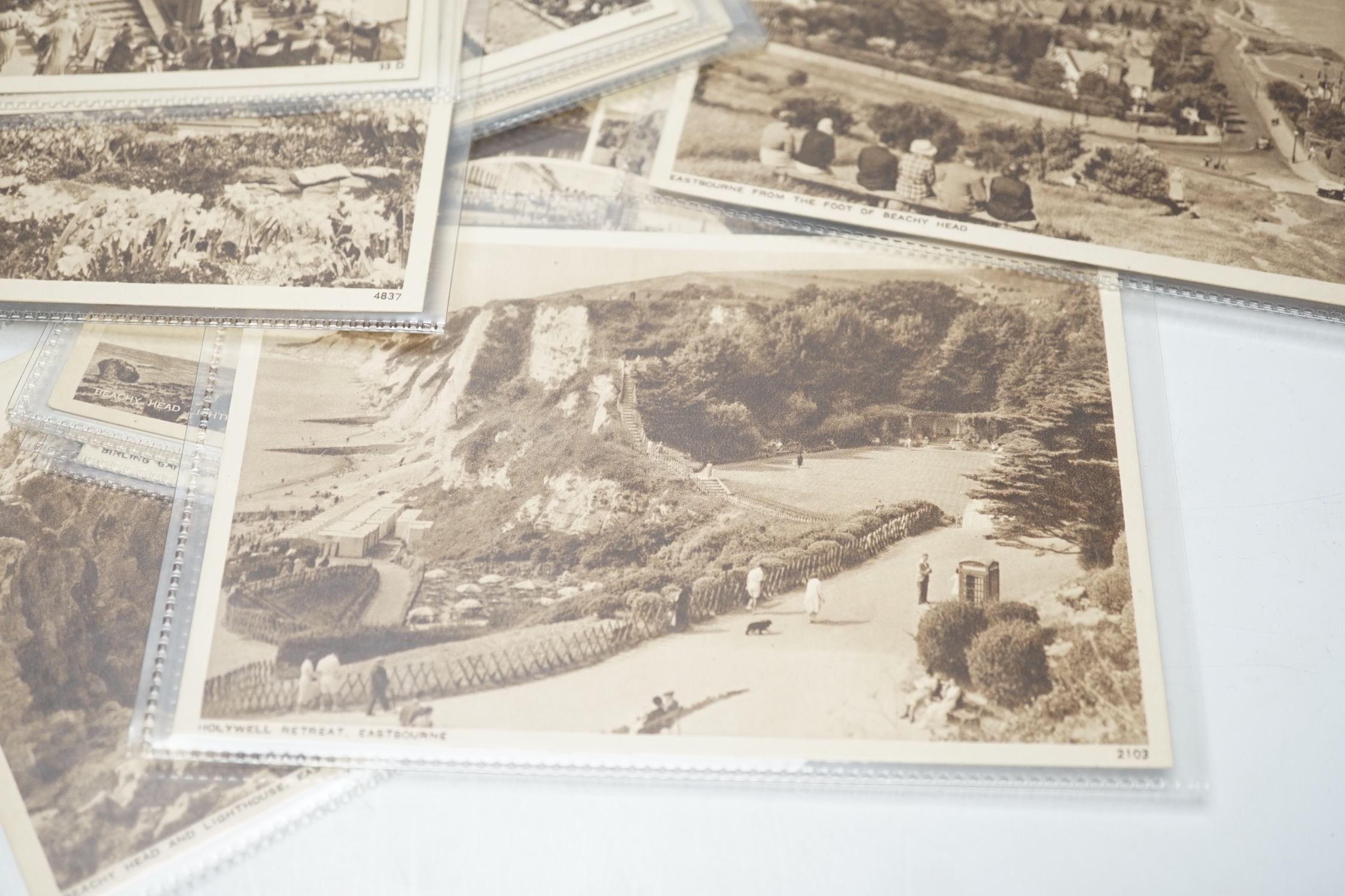 A large quantity of early to mid 20th century postcards of Eastbourne and the surrounding area, all in individual protective sleeves (in two boxes)